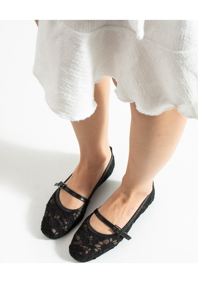 Dabab Shoes Merına Kadın Siyah Düz Babet Dantel Dokuma Çiçek Desenli Tokalı Düz Ayakkabı