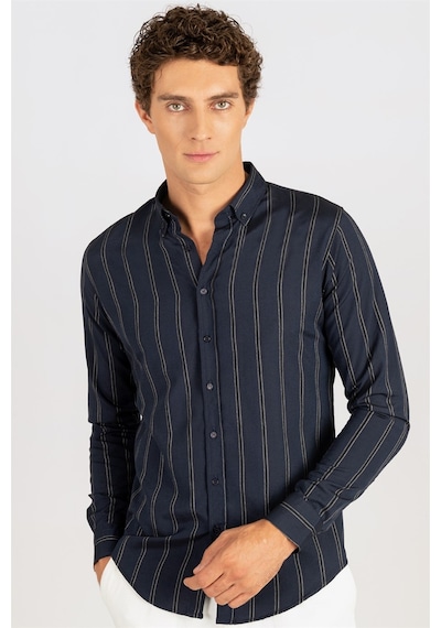 Tudors Slim Fit Düğmeli Yaka Pamuklu Kolay Ütü Çizgili Erkek Gömlek-24822-lacivert Lacivert Tudors Slim Fit Düğmeli Yaka Pamuklu Kolay Ütü Çizgili Erkek Gömlek-24822-lacivert Lacivert