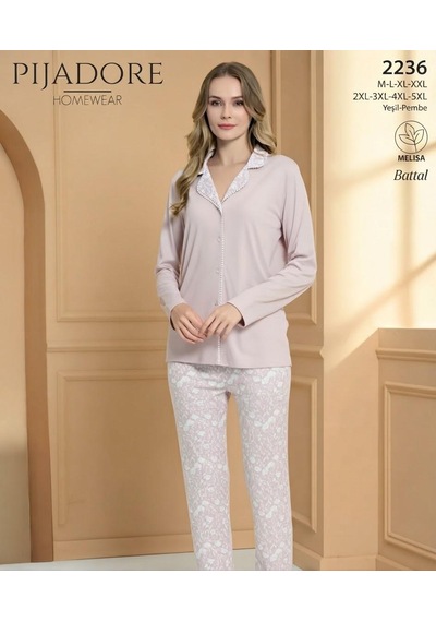 Pijadore Kadın Önü Düğmeli Uzun Kollu Mevsimlik Pijama Takımı 2236 Pembe