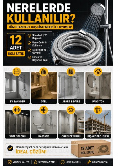 12 Adet 2 Metre Duş Hortumu Koli Satışı Paslanmaz Bağlantılı Kırılmaz Sızdırmaz Standart 1/2 Çok Renkli
