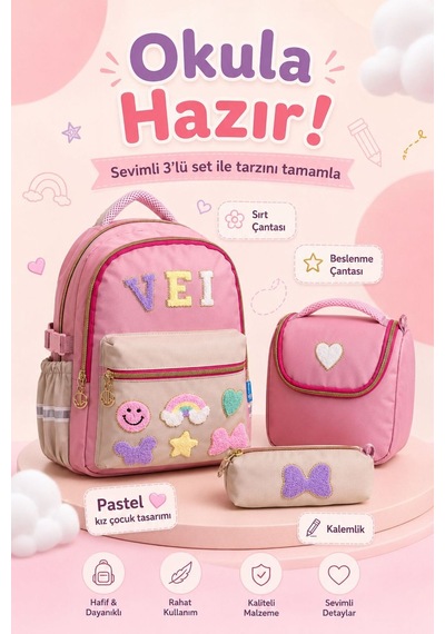 З'lü İlkokul Su Geçirmez Kumaş Çanta Seti Kız Çocuk Sırt Çantası + İçi Folyolu Beslenme Çantası + Kalemlik Pembe Pembe