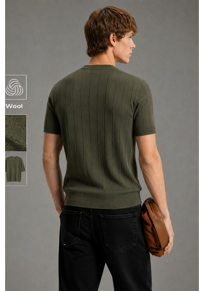 Cool Tarz Erkek Çizgili Triko Tişört Bisiklet Yaka Slim Fit Kısa Kollu Haki Haki