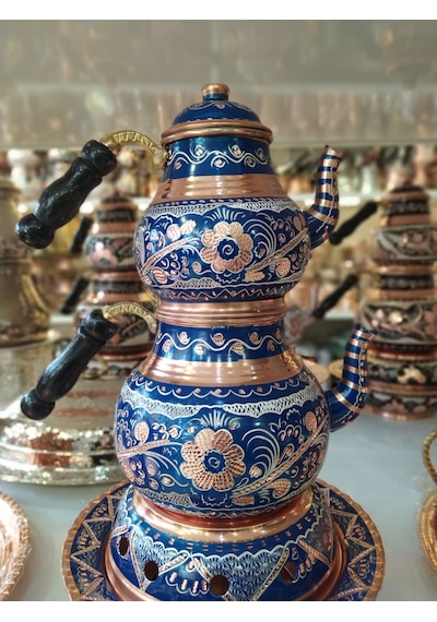 İşlemeli Bakır Çaydanlık- Osmanlı Ocaklı Bakır Demlik Takımı Mavi