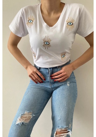 Cassime Kadın Beyaz V Yaka Göz Pul Ve Nakış Işlemeli Tişört S-m-l-xl-2xl-3xl