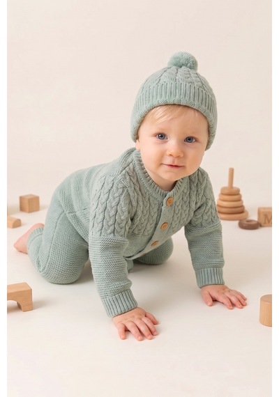 Babymod Triko Yumuşak Dokulu Bereli Kışlık Örgü Kız Erkek Bebek Takım Set Yeşil