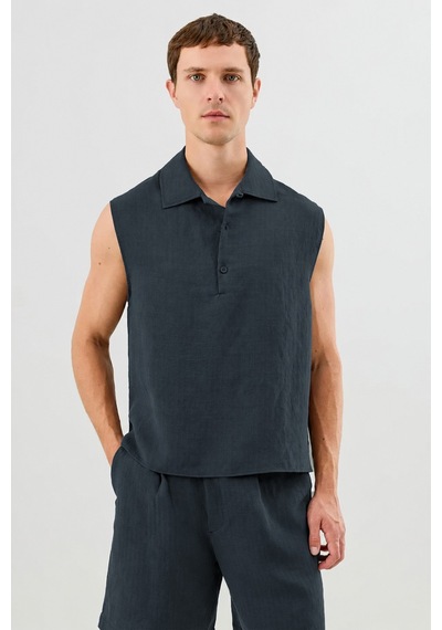 Antioch Lyocell Karışımlı Crop Fit Kolsuz Erkek Gömlek Lacivert
