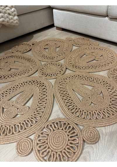 Mavaux Melody Jüt Doğal Hasır Kilim Bej Geometrik Bohem Yuvarlak El Örmesi Halı Jüt