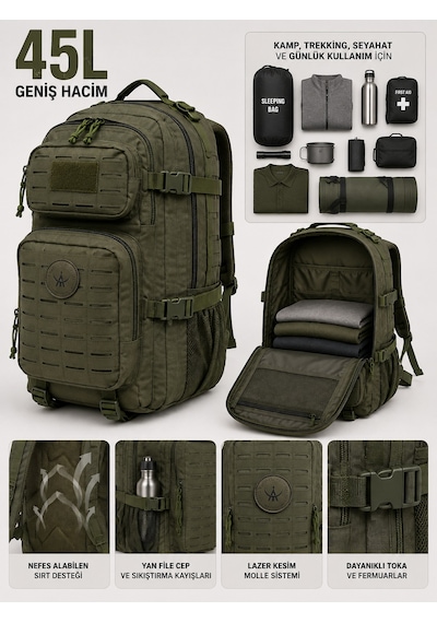 Anadolu Tactical 45l Taktik Sırt Çantası Haki Geniş Hacimli Çok Bölmeli Askeri Kamp Outdoor Çantası