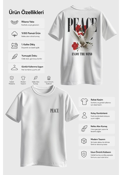 Spoyi Peace Bloom Tasarımlı %100 Pamuk Yarım Oversize Beyaz T-mhirt