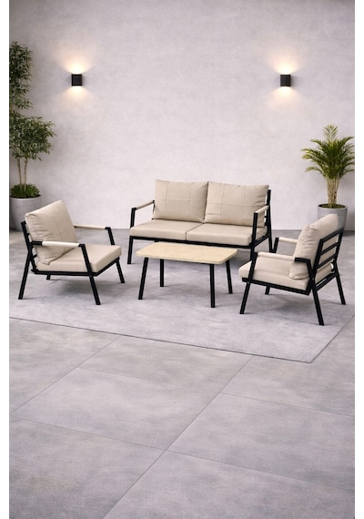 Mb Garden Furnıture Dream Balkon, Bahçe Takımı, Cafe, Metal Kanepe, Koltuk Takımı, Bahçe Mobilyası, 2+1+1 Sehpalı Bej