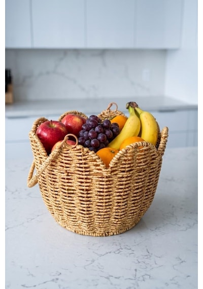 Rattan Hasır Dekoratif Kulplu Organizer Sepet - M-1687