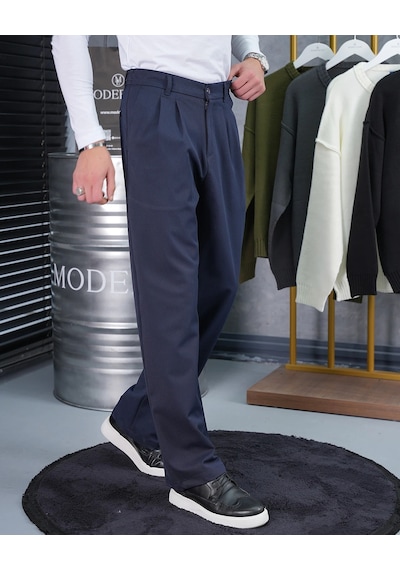 Modefendi Baggy Kesim Pile Detaylı Kumaş Pantolon Lacivert
