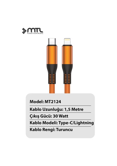 30w Pd Type-c To Apple Uyumlu iPhone Lightning Örgülü Hızlı Şarj Ve Data Kablosu 1.5 Metre Mt2124