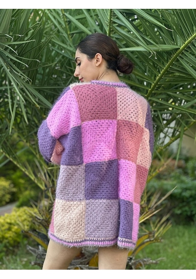 Gönülden Tasarım El Örgüsü Peluş Yumuşak Kadın Oversize Hırka Renkli
