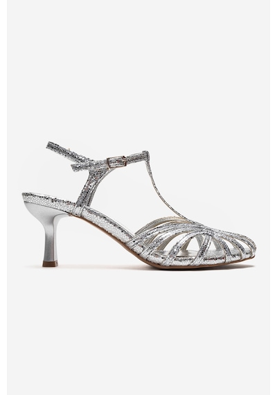 Luvishoes Felip Gümüş Desenli Bantlı Kadın Kısa Topuklu Ayakkabı Gümüş