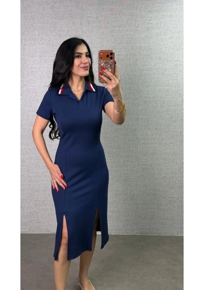 Valensdesign Kadın Polo Yaka Çift Yırtmaç Detay Modal Kumaş Midi Boy Elbise Mavi