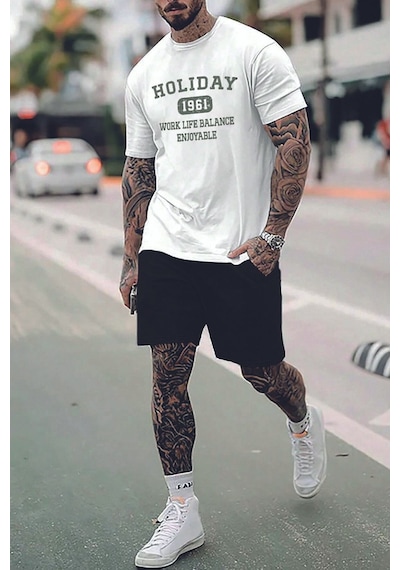 Uyguntarz Unisex Holiday Baskılı Şort Takım Beyaz