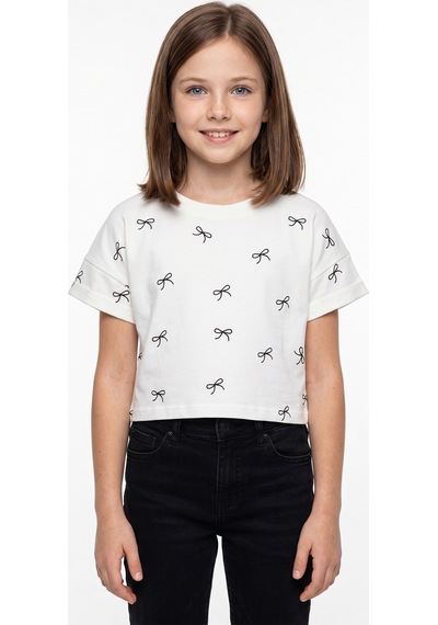 Fullamoda Fiyonk Baskılı Kız Çocuk Crop Tişört Ekru