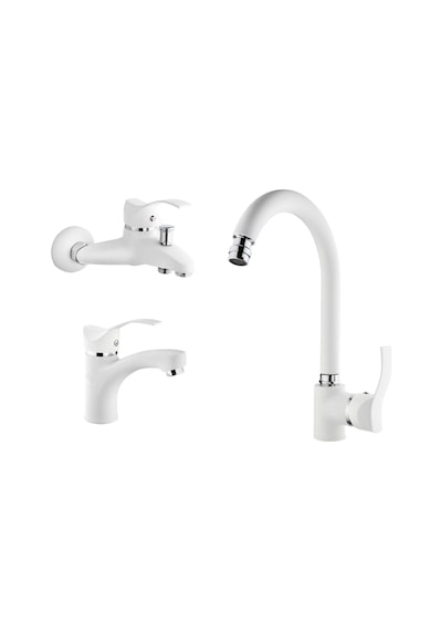 Gms Akdeniz Lavabo + Banyo + Eviye Batarya Set Beyaz - Krom Beyaz