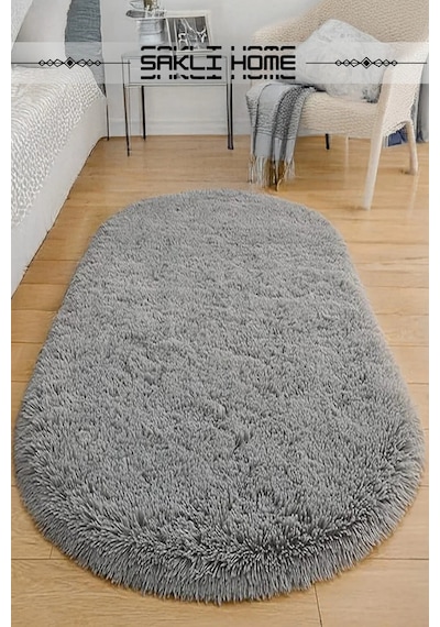 Gri Oval Post Halı Peluş Yumuşak Kaymaz Dot Taban Makinada Yıkanabilir Yolluk Gri