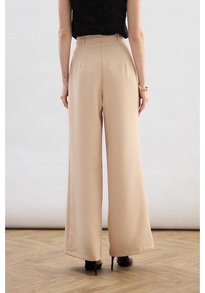 Sateen Kemerli Bol Pantolon - Bej-136821 Bej