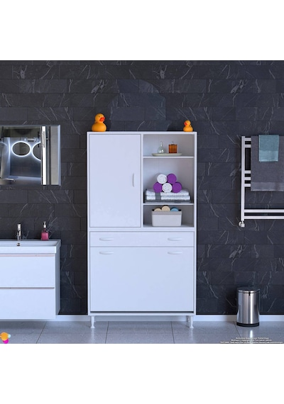 Modilayn Afra 90x173x32,5cm 1 Çekmece, 3 Göz Sepet, 1 Kapak, 6 Raf Dar Alan Banyo Dolabı Beyaz Modilayn Afra 90x173x32,5cm 1 Çekmece, 3 Göz Sepet, 1 Kapak, 6 Raf Dar Alan Banyo Dolabı Beyaz