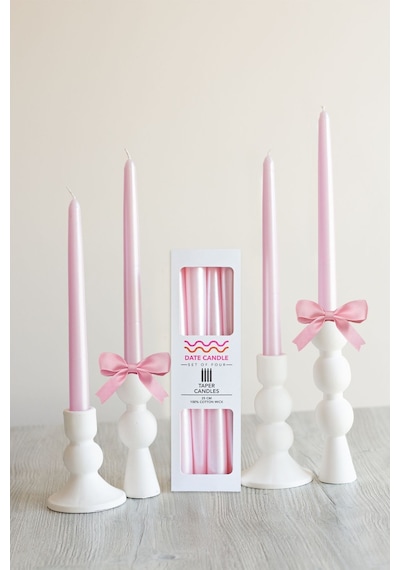 Pembe Neon Sedefli - Metalik Renk Konik Şamdan Mum - 4'lü Set Pembe
