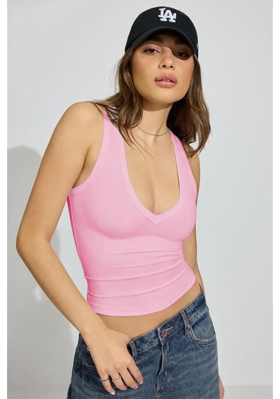 Madmext Pembe Derin V Yaka %100 Pamuklu Basic Kadın Atlet Mg2405 Pembe