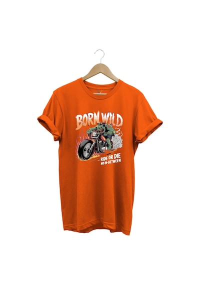 Motorsiklet Born Wild Ride Or Die Baskılı Kuru Kafa %100 Pamuk Regular Fit Bisiklet Yaka T-shirt Turuncu