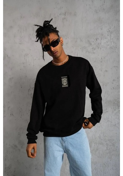 Luz&pos Erkek Bisiklet Yaka Baskılı Oversize Sweatshirt - Siyah Siyah