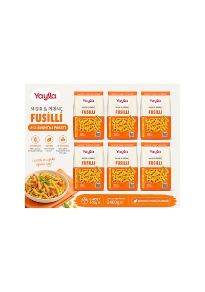 Yayla Glutensiz Vegan Fusilli Makarna 400 Gr X 6 Lı Avantaj Paketi Mısır & Pirinç