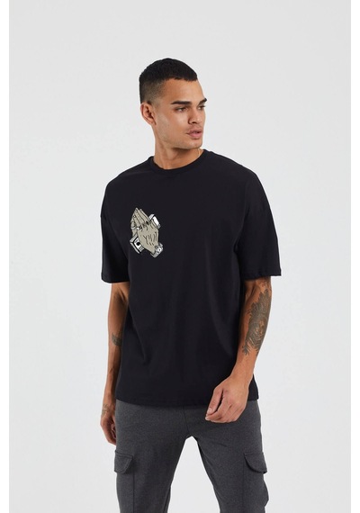 Thewert Unisex Mask Baskılı Siyah Oversize Tshirt