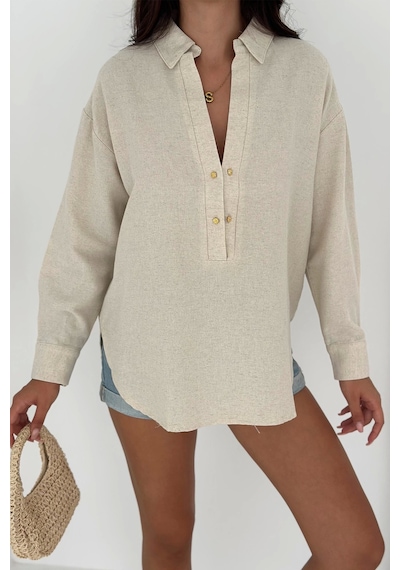 Asprin Fashion Yarım Düğmeli Gömlek Bej