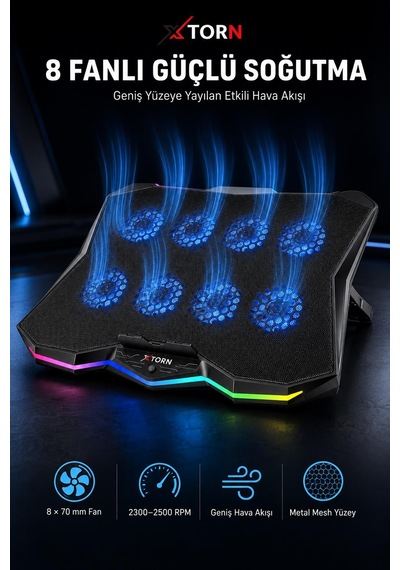 Torn Rgb Laptop Soğutucu 8 Fanlı Ayarlanabilir Standlı Notebook Soğutucu