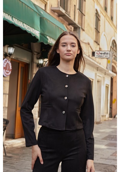 Kadın Esnek Süet Kumaş Sıfır Yaka Flato Cepli Uzun Kol Blazer Ceket-siyah Siyah