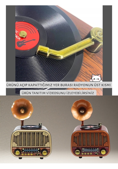 Dexxony Md-1318 Ahşap Tasarım Nostaljik Radyo - Gramofon Dekorlu Şarjlı Bluetooth Hoparlör  Seti