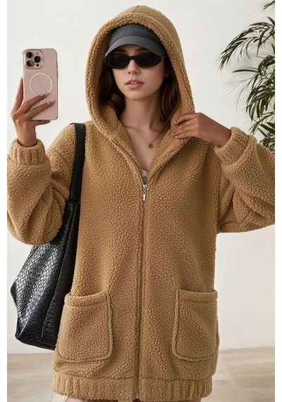 Aclassics Peluş Kuzu Kıvırcık Torba Cepli Kolej Mont Siyah Ks2526 Camel