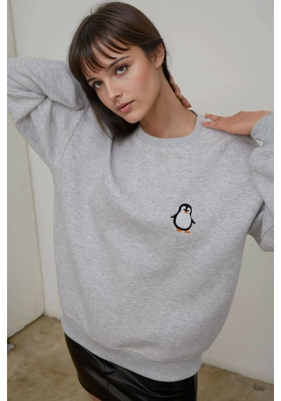 Hiccup Rahat Hayvan Nakışlı Şardonlu Bisiklet Yaka Hoodie Gri