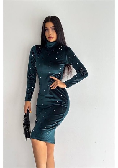 Dip Moda Kadın İnci Detaylı Mini Kadife Elbise Kklf77 - Yeşil Yeşil