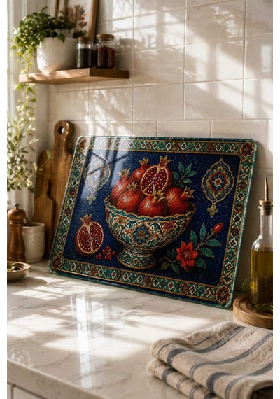 Gökçeoğlu Cam Kesme Tahtası Otantik Nar Motifi Temalı - Cam Kesme Tablası 30cm X 40cm Çok Renkli