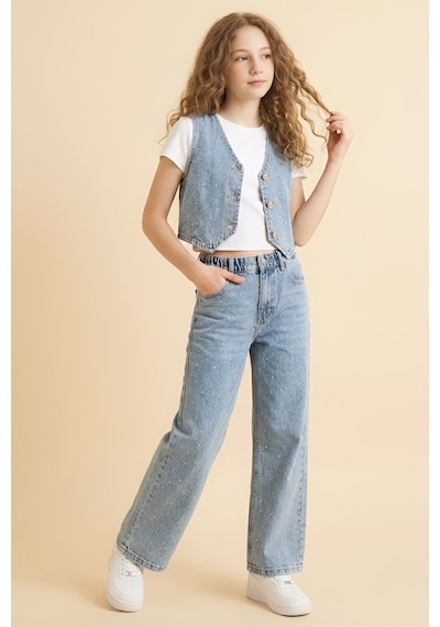 Modanino Kız Çocuk Yelekli Ve Taş Süslemeli 2'li Jean Takım 5-15 Yaş 12670sk Mavi