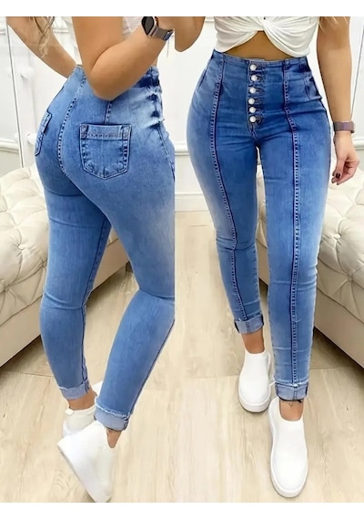 Valensdesign Kadın Yüksek Bel Önden Düğmeli Jean Pantolon Lacivert