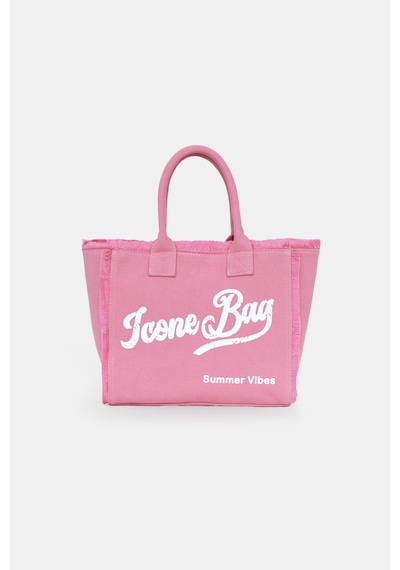 İcone Bag Icone Yıkamalı Denim Püskül Detaylı Şık Günlük & Plaj Çantası, Püsküllü Omuz Çantası Pembe