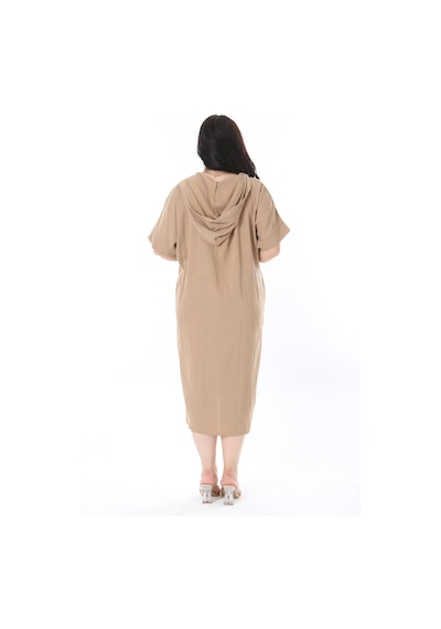 Şans Kadın Büyük Beden Camel Kapşonlu Örgü Cep Detaylı Düşük Kollu Elbise 65n36012-camel Camel