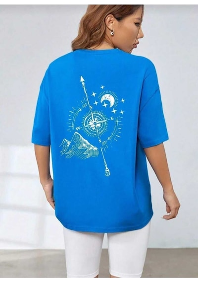 Kozia Outdoors Pusula Sırt Baskılı Oversize Basic O Yaka Unisex T-shirt Mavi