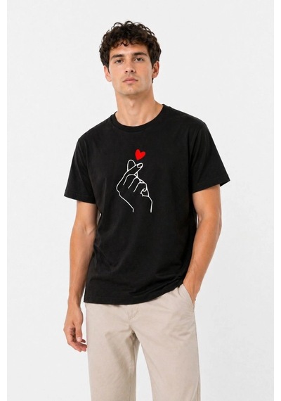 Barlashive Erkek Kore Parmak Kalp Aşk Temalı Minimal Baskılı Tişört Yazlık Kısa Kol T-shirt - Siyah Çok Renkli