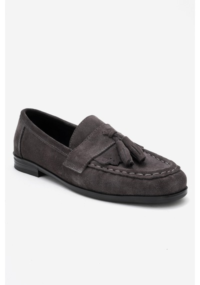 Luvishoes Luvi Shoes Lupen Gri Süet Püsküllü Hakiki Deri Kadın Loafer Ayakkabı Gri