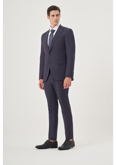 Morven Erkek Lacivert Yünlü 8-drop Trend Çizgili Slim Fit Sivri Yaka Takım Elbise 25mc001081200 Lacivert