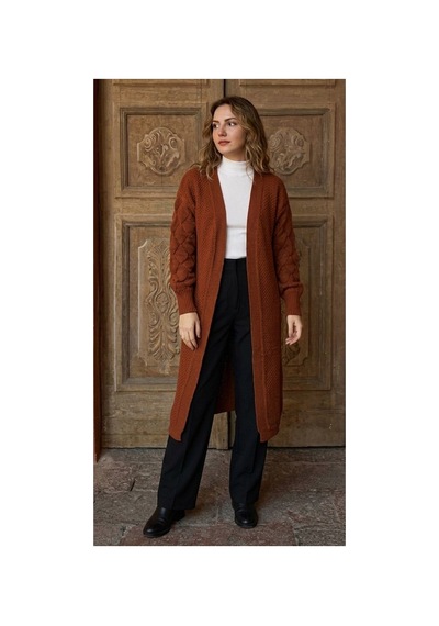 Onno Style Women Damla Kol Desen Kadın Triko Uzun Hırka Bordo