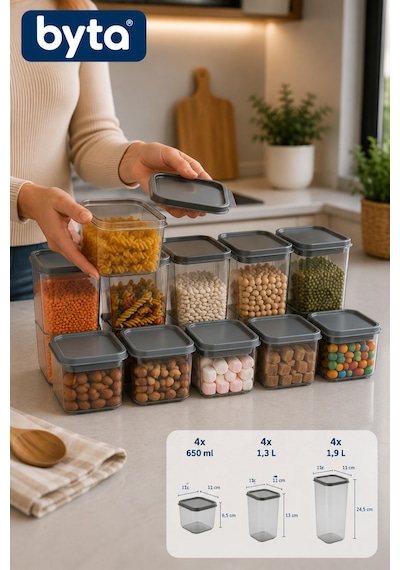 12'li Kare Erzak Saklama Kabı Seti 4x650 Ml + 4x1,3 L + 4x1,9 L Bpa Free Kapaklı Gıda Saklama Kabı Buzdolabı Ve Kiler Düzenleyici Şeffaf